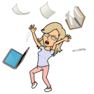 Bitmoji Me tossing books, paper and laptop 