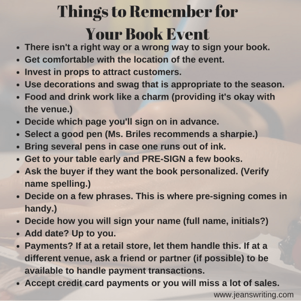 Things to Remember for a book event - Jean's Writing